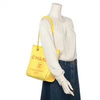 Chanel Deauville PM canvas Chain Tote Bag Yellow Silver