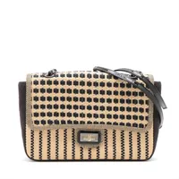 シャネル 2.55 ラフィア×キャンバス シングルフラップ ダブルチェーンバッグ ベージュ×ブラック シルバー金具 15番台