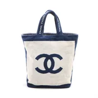 CHANEL ビーチバッグ トートバッグ シャネル ココマーク パイル トートバッグ ネイビー シルバー