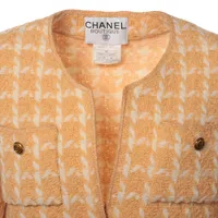 CHANEL ノーカラージャケット ホワイト/オレンジ シャネル ココボタン 96P ウール×ナイロン ノーカラージャケット