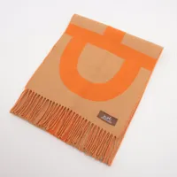 ★美品★HERMES オレンジ ベージュ マフラー HERMES エルメス マフラー ロゴ 刺繍 カシミヤ100% オレンジ
