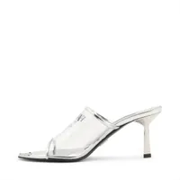 【希少】 PRADA ロゴ入り メタリック レザー サンダル シルバー セール】プラダ☆三角ロゴトップパテントレザーサンダル1Y656I