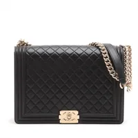 Chanel Boy Chanel Lambskin Chain Shoulder Bag Black Gold