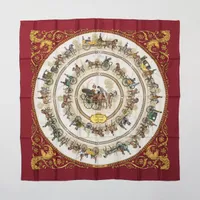 エルメス カレ90 ロンシャンへの散歩 白 赤 レディース スカーフ エルメス カレ90 LA PROMENADE DE LONGCHAMPS ロンシャンへの