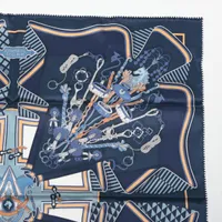 HERMES ネイビー シルク ハンカチ エルメス スカーフ シルク ネイビー カレ70 BRIDES DE GARA
