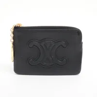 CELINE ブラックレザー コインケース CELINE サークルロゴ レザーがま口コインケース ブラック