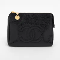 【美品】CHANEL キャビアスキン ポーチ ココマーク ゴールド金具 レザー シャネル ココマーク キャビアスキン ポーチ ブラック ゴールド