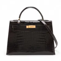 HERMES キュリオジボックスゴールド 中古品 HERMES ケリー 32 □E ハンドバッグ ブラック ゴールド ボックス
