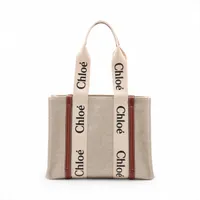 Chloé トートバッグ ベージュ/ブラウン クロエ ウッディ ミディアム キャンバスxレザー トートバッグ