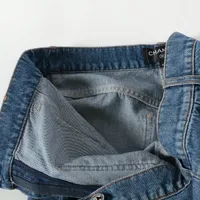 本物 シャネル レザーパッチ COCOボタン コットン パンツ 40 ブルー系 シャネル ココマーク コットン×ポリエステル パンツ 40