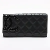 シャネル カンボンライン ラムスキン ロングウォレット ブラックxピンク シルバー金具 16番台