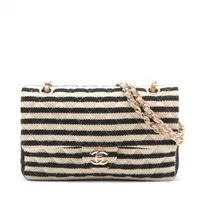 シャネル マトラッセ25 コットンxレザー ダブルフラップ ダブルチェーンバッグ ベージュxブラック ゴールド金具 19番台 A01112