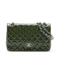 シャネル デカマトラッセ30 ラージ パテントレザー ダブルフラップ ダブルチェーンバッグ グリーン シルバー金具 15番台 A58600