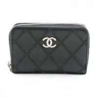シャネル ワイルドステッチ ラムスキン コインケース ラウンドジップ ブラック シルバー金具 19番台