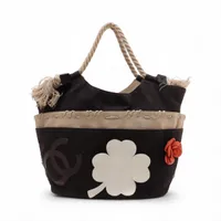 シャネル カメリア キャンバスxレザー トートバッグ ブラック シルバー金具 8番台