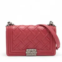 シャネル ボーイシャネル25 ラムスキン チェーンショルダーバッグ レッド ガンメタリック金具 17番台 A67086