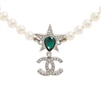 シャネル ココマーク I23P ネックレス GP×ラインストーン×フェイクパール シルバー