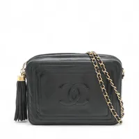 シャネル ココマーク ラムスキン チェーンショルダーバッグ フリンジ ブラック ゴールド金具 0番台