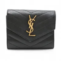 イヴサンローラン　二つ折り財布　グレージュ　Vステッチ　カサンドラ M3 レザー Yves Saint Laurent イヴサンローラン 二つ折り財布 レザー