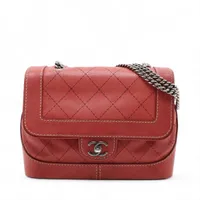 シャネル Vステッチ レザー シングルフラップ ダブルチェーンバッグ レッド CHANEL シャネル Vステッチ ショルダーバッグ レザー レッド