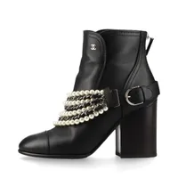 △CHANEL/シャネル レザーオーブントゥブーツ フェイクパール ヒール