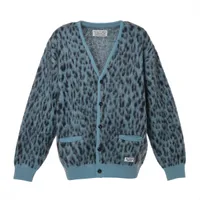 ワコマリア モヘア カーディガン XL メンズ ブルー レオパード柄