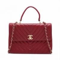 シャネル Vステッチ レザー シングルフラップ ダブルチェーンバッグ レッド CHANEL シャネル Vステッチ ショルダーバッグ レザー レッド