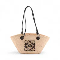 ロエベ スクエアバスケット スモール ラフィア×レザー カゴバッグ