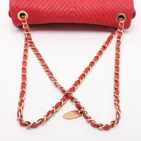 シャネル Vステッチ レザー シングルフラップ ダブルチェーンバッグ レッド シャネル シェブロン レザー シングルフラップ ダブルチェーン