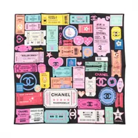 シャネル ココマーク ロゴ スカーフ シルク ブラック×マルチカラー