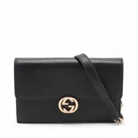 ✨美麗品✨グッチ インターロッキング レザー チェーン ウォレット ブラック グッチ インターロッキングG レザー チェーンウォレット ブラック