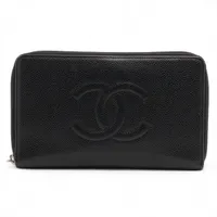 シャネル カメリア レザー ラウンドジップウォレット ブルー シルバー