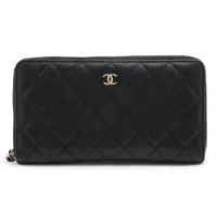 シャネル カメリア レザー ラウンドジップウォレット ブルー シルバー