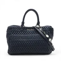 ミュウミュウ ジャガード キャンバス×レザー ハンドバッグ ネイビー