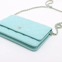 Chanel Matelasse Caviar Skin Chain Wallet Blue Gold Metal Fittings