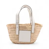 新品同様 ロエベ バスケット スモール ラフィア レザー カゴバッグ ベージュ ホワイト ロエベ バスケットスモール ラフィアxレザー ハンドバッグ ベージュx