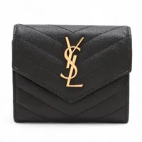 サンローランパリ Vステッチ レザー コンパクトウォレット ベージュ