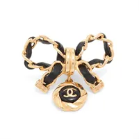 シャネル ココマーク リボン I22A ブローチ GP×レザー ブラック