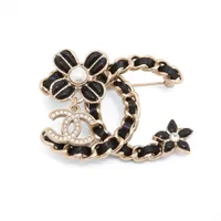 シャネル ココマーク カメリア A22K ブローチ GP×ラインストーン×革