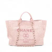 シャネル ドーヴィルGM ストローxレザー 2WAYトートバッグ ピンク