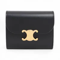 美品 セリーヌ トリオンフ スモールフラップウォレット コンパクト ブラック セリーヌ トリオンフ スモールフラップウォレット レザー コンパクト