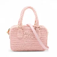 ミュウミュウ アルカディ ストローxレザー 2WAYハンドバッグ ピンク