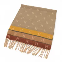 エルメス Hロゴ マフラー ウール×カシミヤ グリーン×ブラウン EXCLUSIF