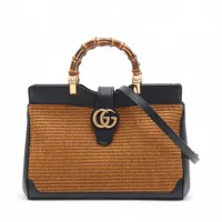 グッチ バンブー ラフィアxレザー 2WAYハンドバッグ ベージュxネイビー