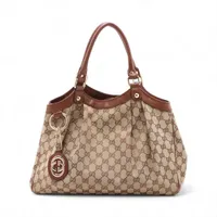 グッチ GGキャンバス キャンバスxレザー ハンドバッグ ブラウン 211944