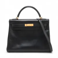 エルメス ケリー32 ルトゥルネ ボックスカーフ ブラック ゴールド金具 □E:2001年 クロシェット紐ひび