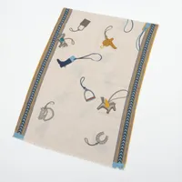 エルメス レクタングル スカーフ カシミヤ×シルク ベージュ×ブルー