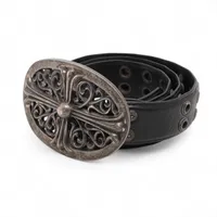 クロムハーツ クラシックオーバルクロスバックル ベルト レザー×925 ブラック×シルバー ラージ ダブルグロメット サイズ36