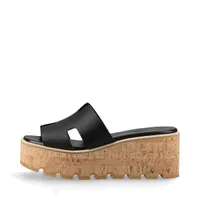 エルメス エズ レザー ウェッジソールサンダル 38 レディース ブラック×ベージュ コルクソール 箱付