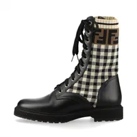 フェンディ ロココ レザー×ファブリック ショートブーツ 37 レディース ブラック×アイボリー バイカーブーツ ズッカ チェック柄 ニット